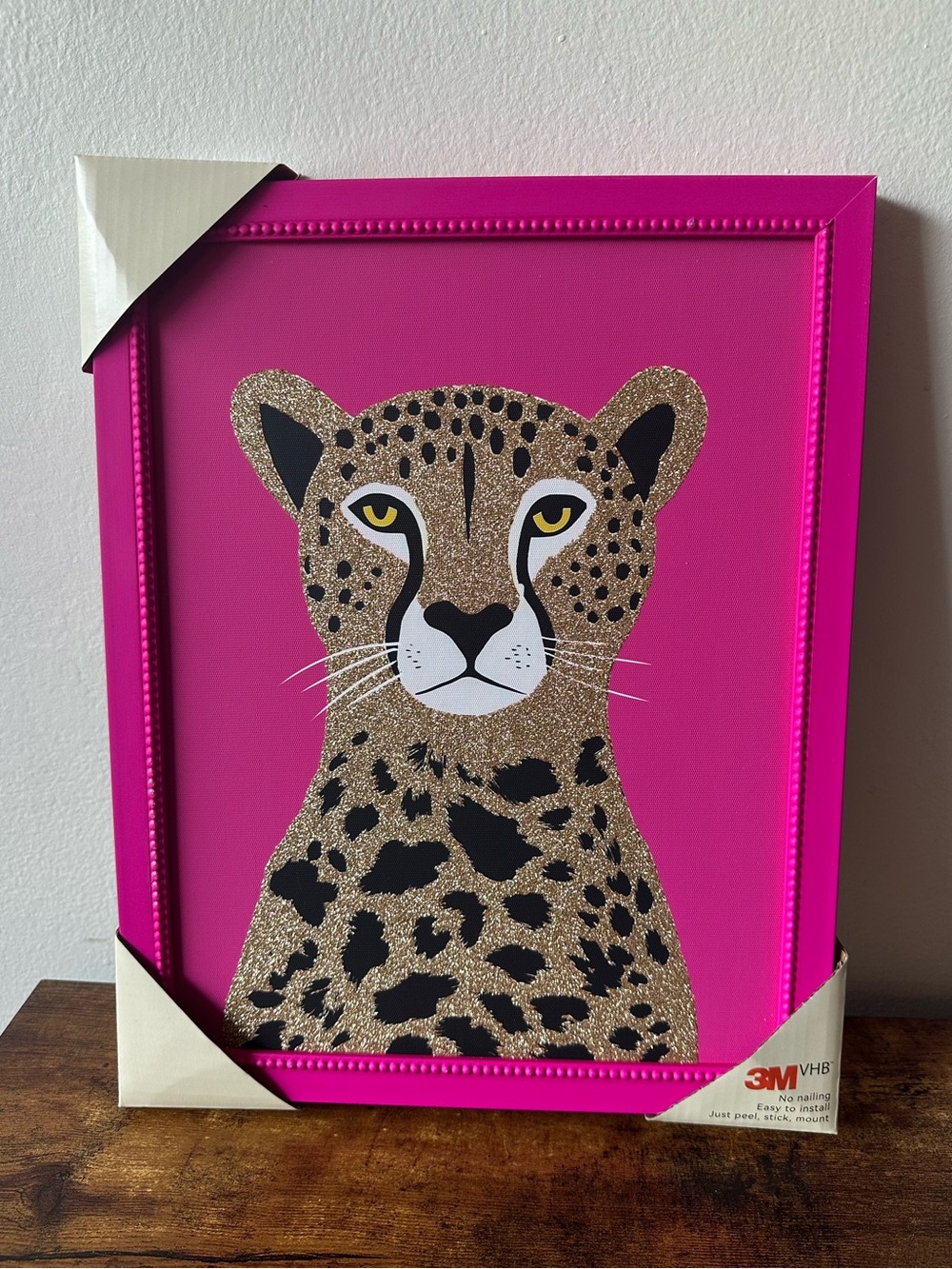 3M Pink Leopard Wall Art Framed Bright Pink Background Gold Glitter Accents NWT